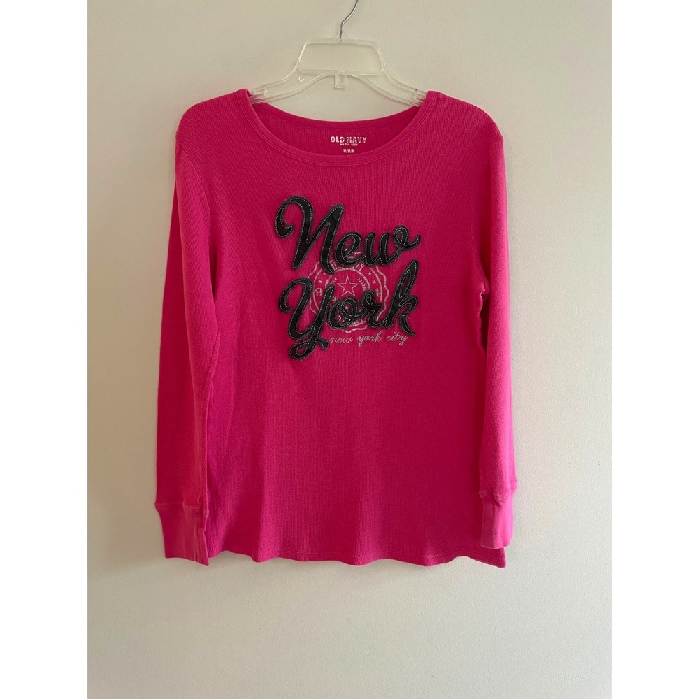 Old Navy Womens Pink New York Waffle Knit Thermal Long Sleeve Graphic Top M